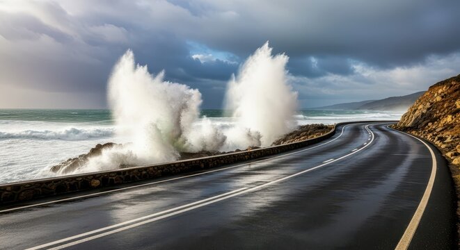Dramatic Coastal Landscape with Huge Waves Splashing Over Sea Wall ont