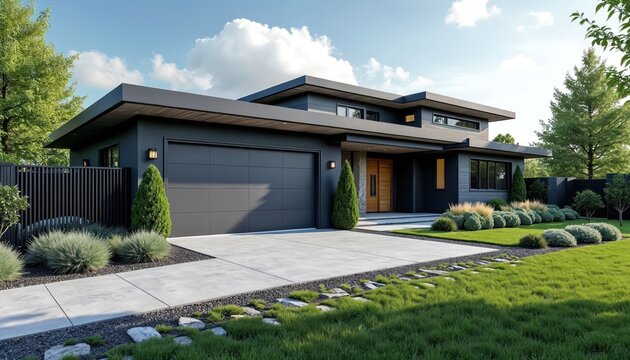Modern dark house with garage door and driveway. Landscaped lawn with manicured bushes and green trees surrounds the property. The architecture features clean lines and a flat roof.