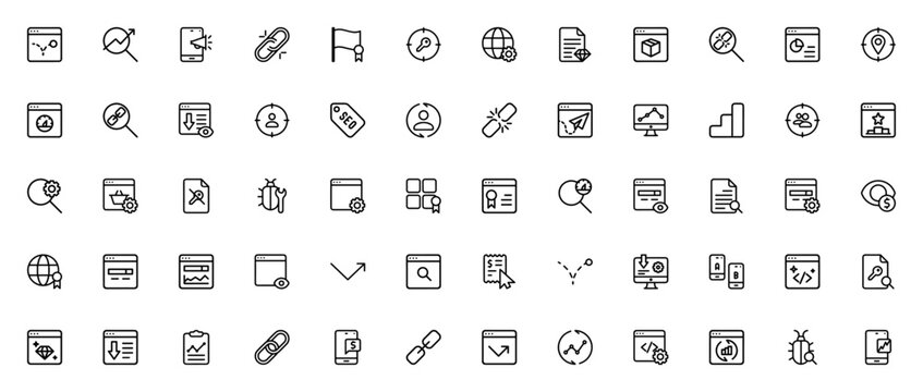 SEO icon set. Analytics minimalist vector pack. Includes symbols for bounce, advertising, broken link, target, global, content, ranking, search, keywords, and more.