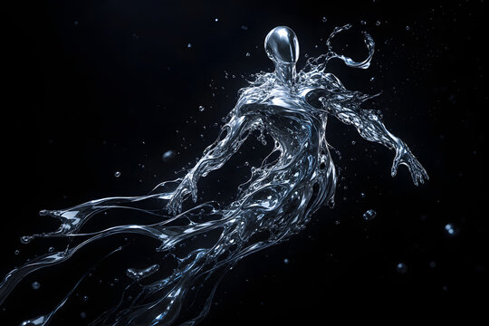 A digital being made of swirling silver liquid suspended in a void