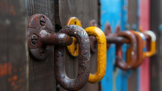Colorful Rusty Chains Against Weathered Wooden Boards with Distinct Textures and Vivid Colors