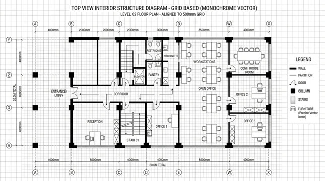 Architectural blueprint of a modern office floor plan.