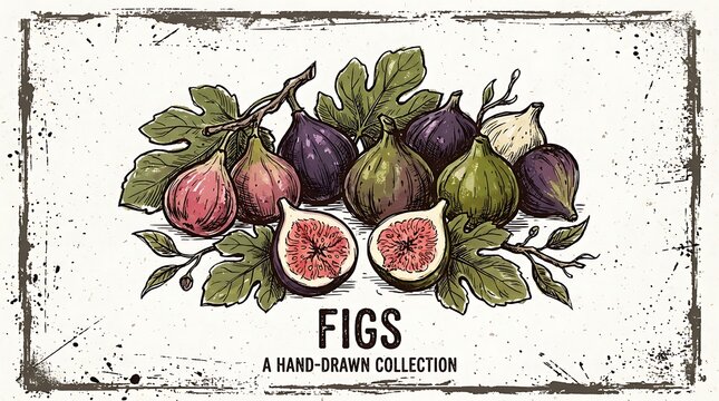 Hand Drawn Colorful Figs Arranged with Leaves on Vintage Botanical Illustration Card