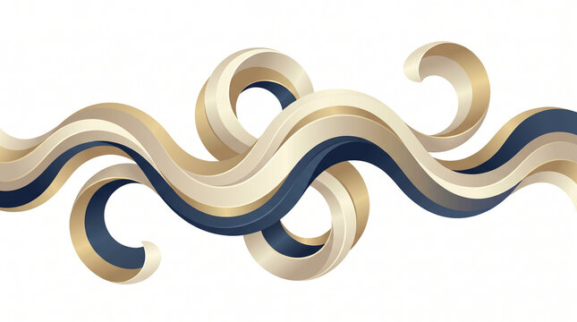 Gold, navy blue, swirling wave patterns, decorative borders, abstract designs