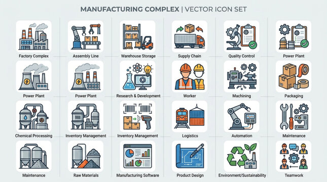 Manufacturing Industry Icons Set Factory Production Process Elements.