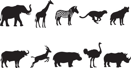 African animal silhouette bundle, elephant, giraffe, zebra, cheetah, hyena, buffalo, antelope, hippopotamus, ostrich, rhinoceros wildlife illustration design © MOSTSHAHANAJ