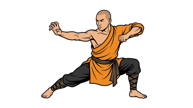 A focused shaolin monk performs a traditional martial arts pose wearing traditional orange robes and pants