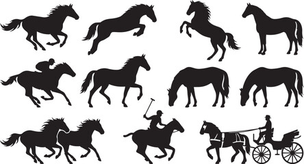 Fototapeta premium Horse silhouette bundle, equestrian poses, running, jumping, rearing, grazing, jockey racing, polo player, carriage driving, animal illustration, equestrian sports design