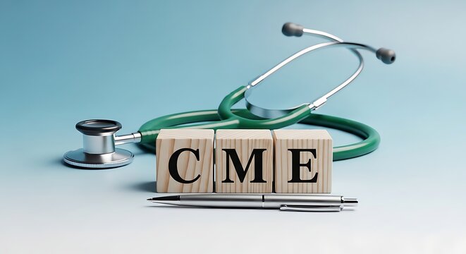 Medical continuing education concept with stethoscope and blocks spelling cme on table