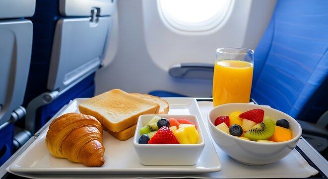 Breakfast meal on an airplane tray with croissant, toast, fruit, and orange juice