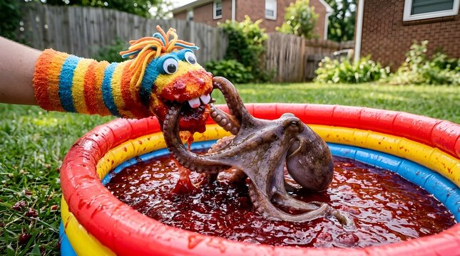 Child playing with sock puppet octopus in inflatable pool outdoors