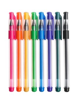 A collection of colorful pens arranged vertically