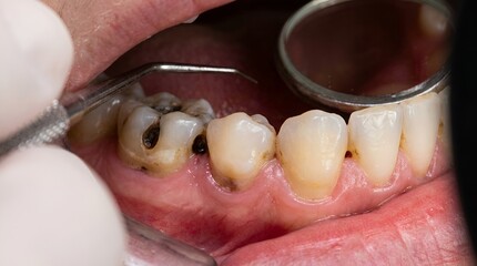 Obraz premium Closeup of teeth with dental tool and mirror in mouth