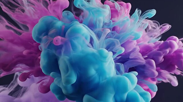 Vibrant pink and blue ink plumes swirling against dark background