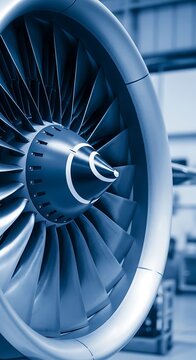 Close Up Blue Jet Engine Turbine Blades in Aircraft Hangar