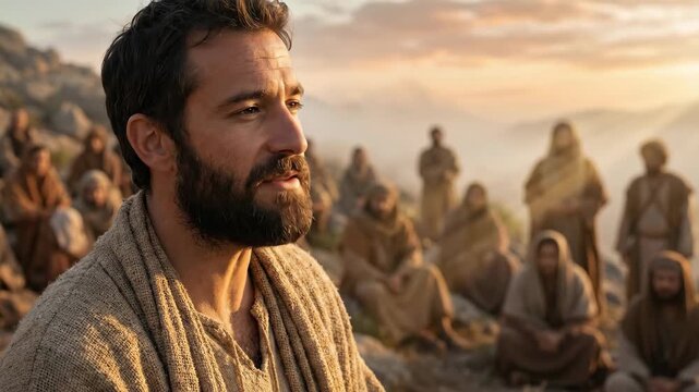 Jesus Christ teaching a group of people on a hillside. Man with a beard dressed in ancient robe preaching to followers at sunset. Biblical scene of ministry.