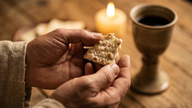 Man breaks bread for holy communion ritual. Faithful hands holding unleavened wafer by candlelight. Christian eucharist tradition, spiritual sacrifice symbolism.