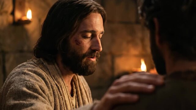Jesus Christ comforts a man with a hand on his shoulder. Religious scene representing compassion, faith and divine connection in ancient stone room by candlelight.
