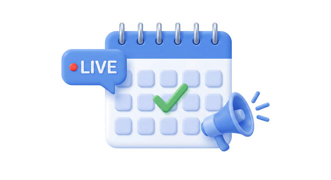 3D Calendar Icon with Megaphone and Live Event Notification for Schedule Reminders and Broadcast Announcements
