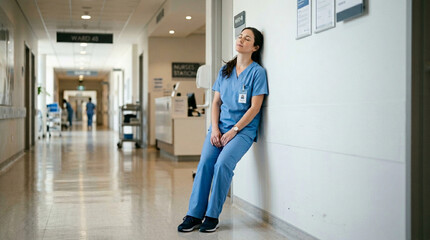 Obraz premium Exhausted Female Nurse Resting and Leaning Against Hospital Corridor Wall