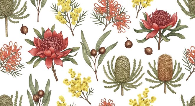 Colorful Botanical Australian Native Flower Pattern on White Background