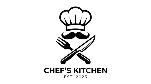 Chefs Kitchen Logo with Hat Fork Knife and Mustache.