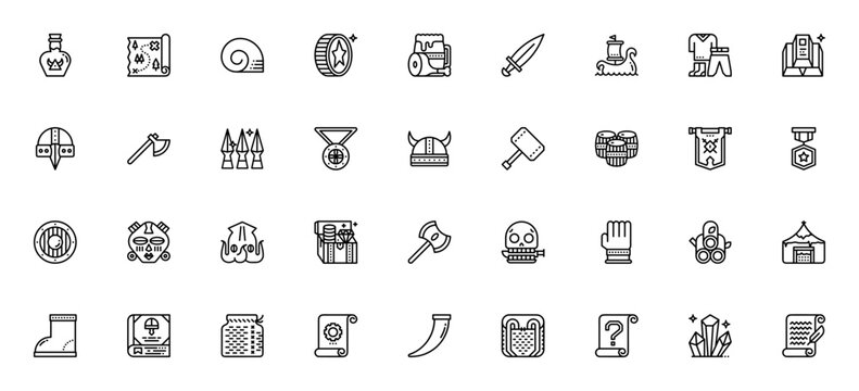 Fancy Vikings game icon set. Vector illustration of potion, treasure map, sword, ship, helmet, axe, shield, kraken, chest, skull, beer, hammer, coin, medal, necklace, flag, and more.