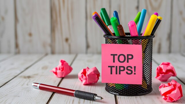 Top tips concept with pen holder and colorful crumpled papers