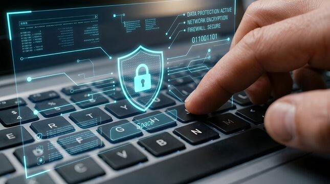 Hands typing on laptop keyboard with security and encryption digital overlay