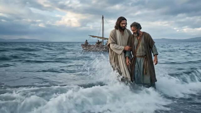 Jesus Christ walking on water with a disciple near a boat. Biblical religious scene showing faith and miracle. Historical reenactment of gospel story landscape.