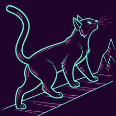 Futuristic neon cat walking on platform art design. © Amjad