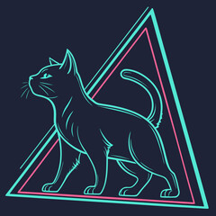 Geometric neon cat emblem inside triangle frame art. © Amjad