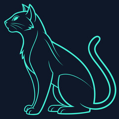 Minimalist sitting cat icon with neon blue outline. © Amjad