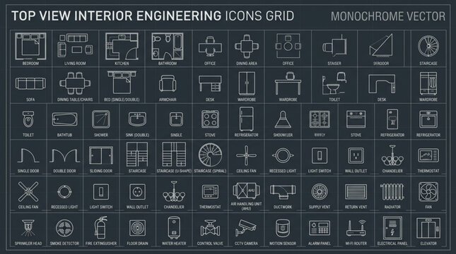 Top View Interior Engineering Construction Icons Set.