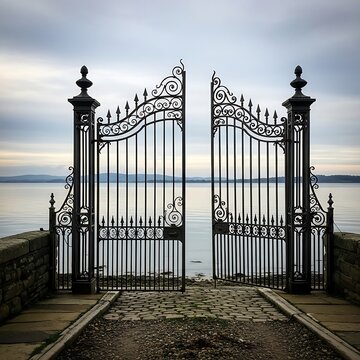 Ornate Black Iron Gate Open Toward Calm Lake Under Cloudy Sky