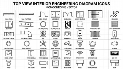 Top View Interior Engineering Diagram Icons Monochrome Vector. © Nis