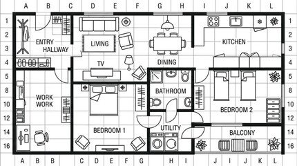Architectural floor plan drawing of a house layout. © Nis