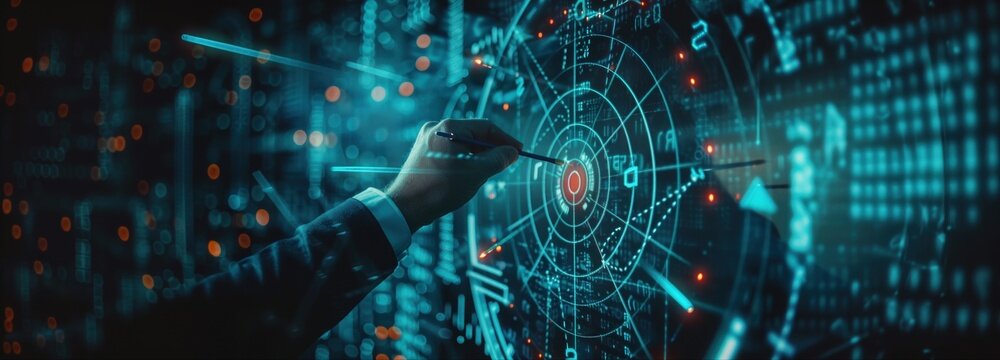 Digital Blueprint: A close-up view of a person's hand interacting with a holographic display. The scene evokes a sense of futuristic technology and data analysis.