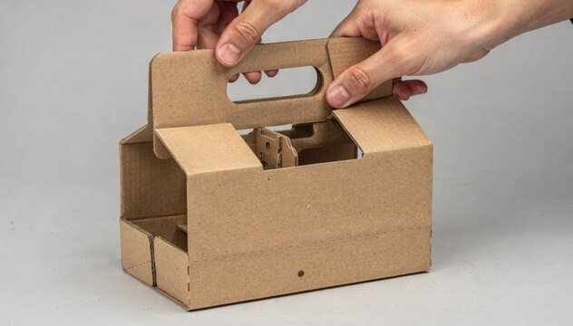 Medium shot of sixpack paperboard beverage carrier being assembled highlighting handle cutouts for easy carrying and sturdy construction for bottles or cans.