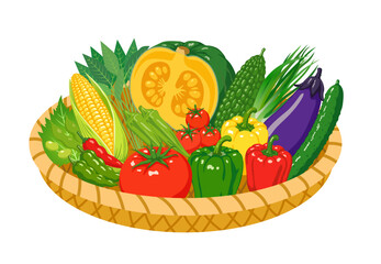 かご盛り夏野菜イラスト｜新鮮な夏の旬野菜セット 手描き風ベクター © Studio Trinity