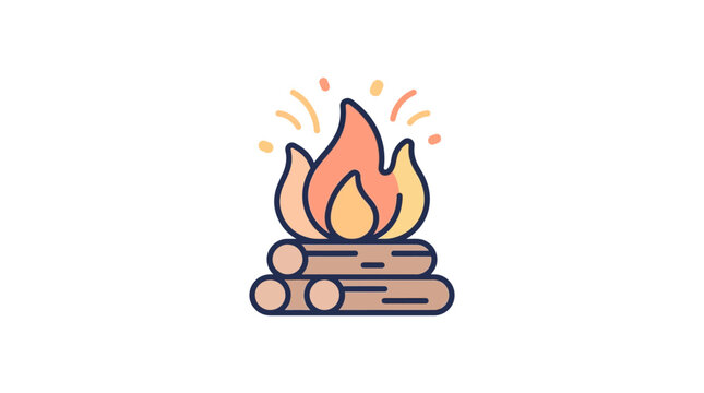 Stylized campfire illustration with vibrant flames and stacked logs on white background