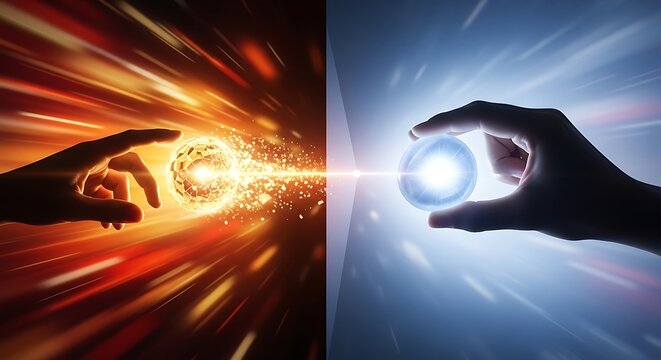 Hands holding glowing orbs with contrasting colors and light effects