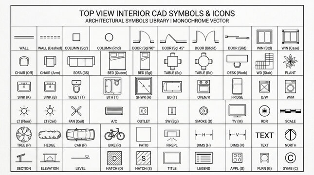 Top View Interior CAD Symbols and Icons Collection.