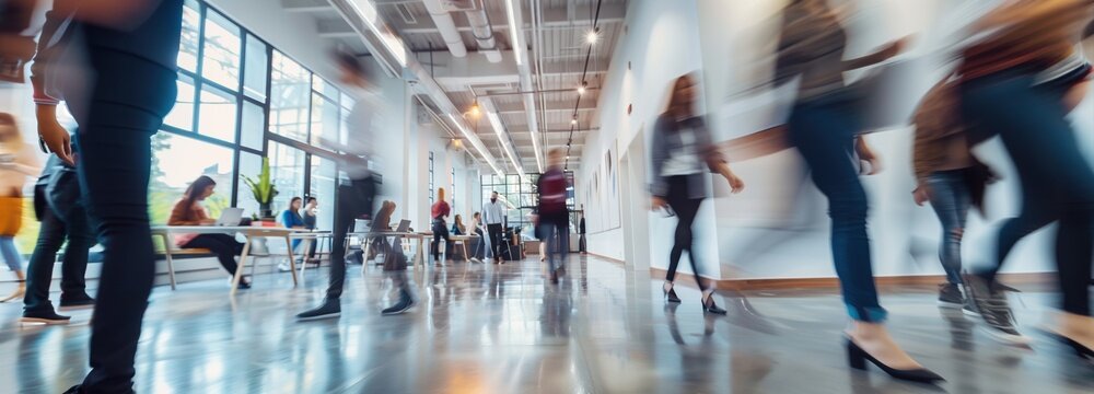 Dynamic Commute: A blurred view of individuals navigating a modern hallway, showcasing the daily hustle and flow of urban life.