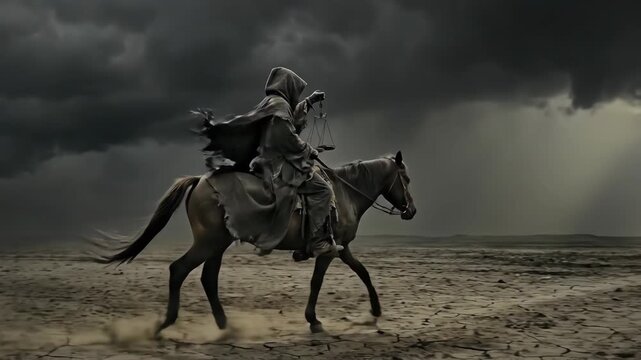 Grim reaper riding black horse across barren landscape holding ancient scale. Biblical apocalyptic horseman representing divine judgment and ultimate death concept.