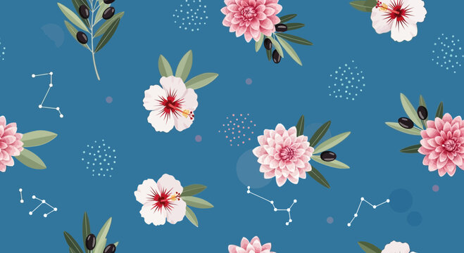 Floral pattern illustration on blue background with decorative elements