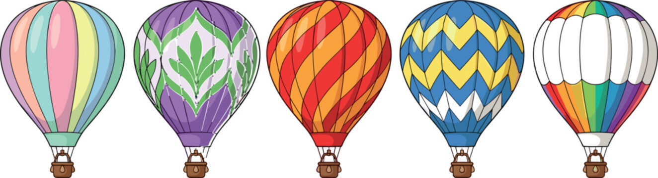 Colorful Hot Air Balloon Collection Featuring Various Patterns Including Rainbow Stripes Chevron Zigzag Floral Damask And Swirl Designs For Travel And Adventure Vector Illustration Set