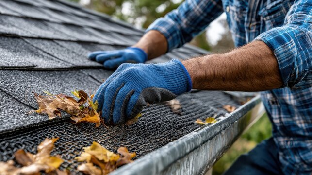 A person wearing blue gloves clears leaves from a house roof's gutter to maintain proper drainage and prevent blockages.