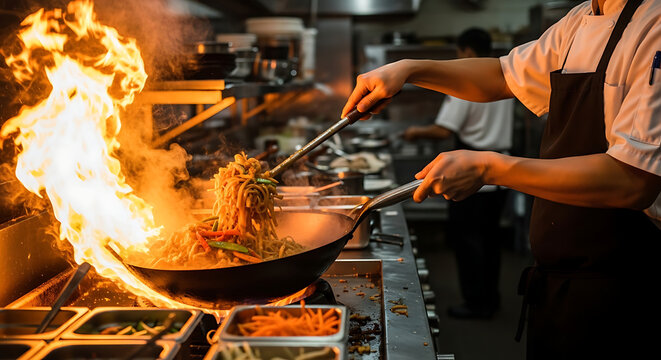 Chef cooking noodles with flames in a wok, restaurant kitchen, Asian cuisine