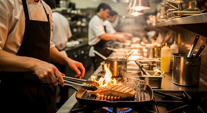 Chef cooking salmon steak on grill with flames in professional restaurant kitchen